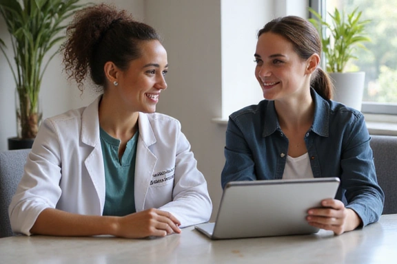 A nutritionist and client having a follow-up session, discussing progress and offering encouragement